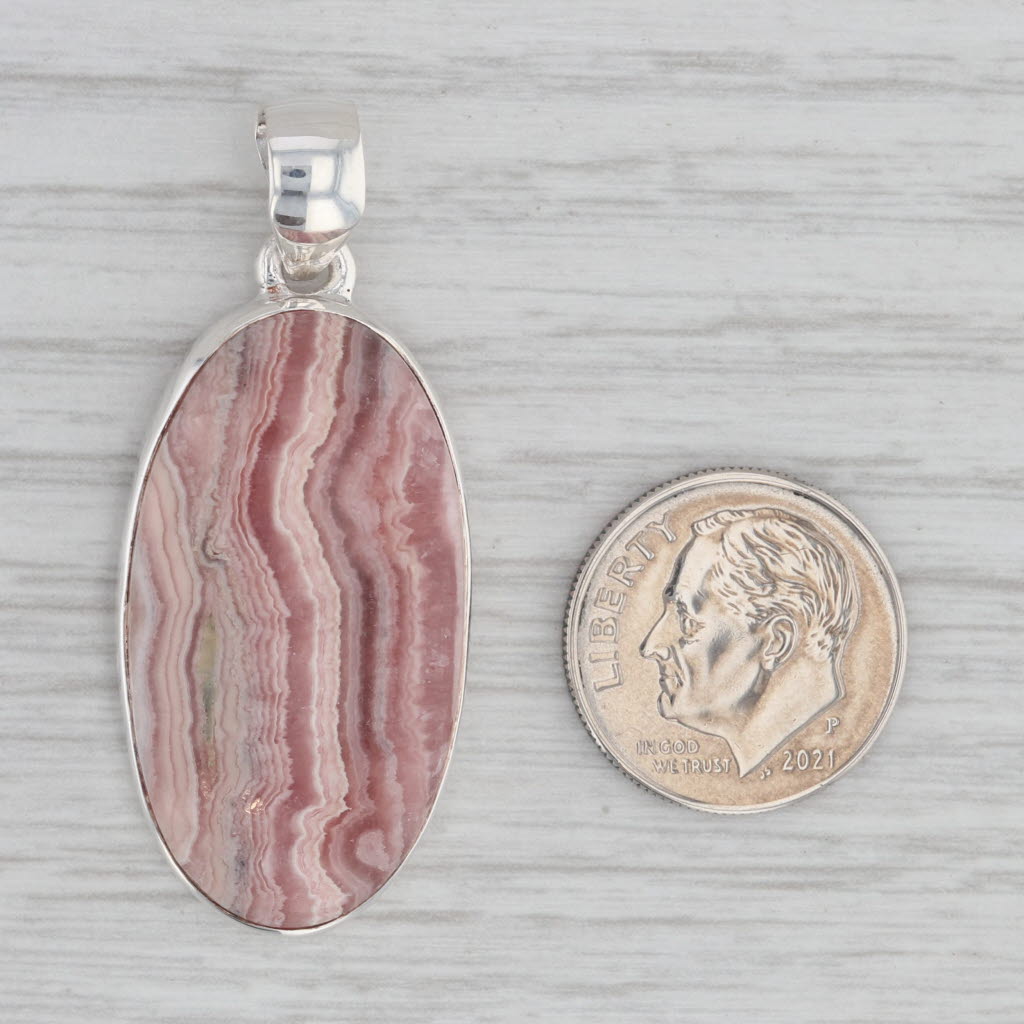 Gray Marbled Red Rhodochrosite Oval Cabochon Pendant Sterling Silver Statement