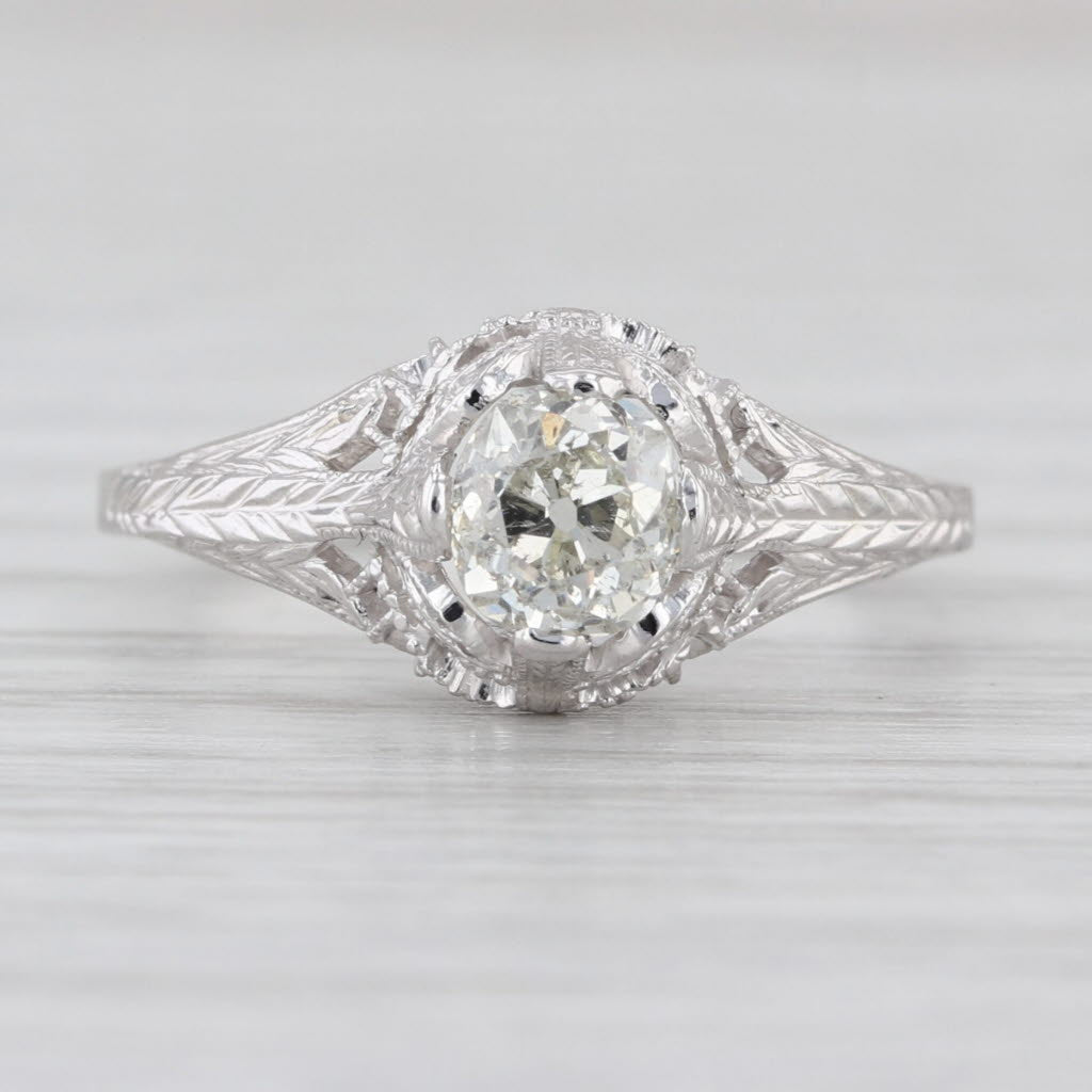 Art Deco 0.73ct Diamond Old Mine Cut Solitaire Engagement Ring 18k White Gold