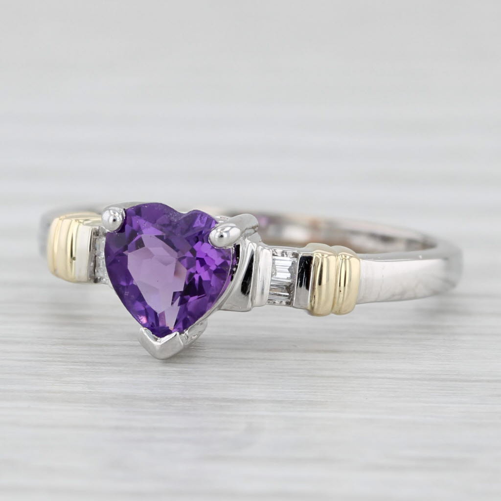 Light Gray 0.75ctw Amethyst Heart Diamond Ring 10k White Yellow Gold Size 7.25