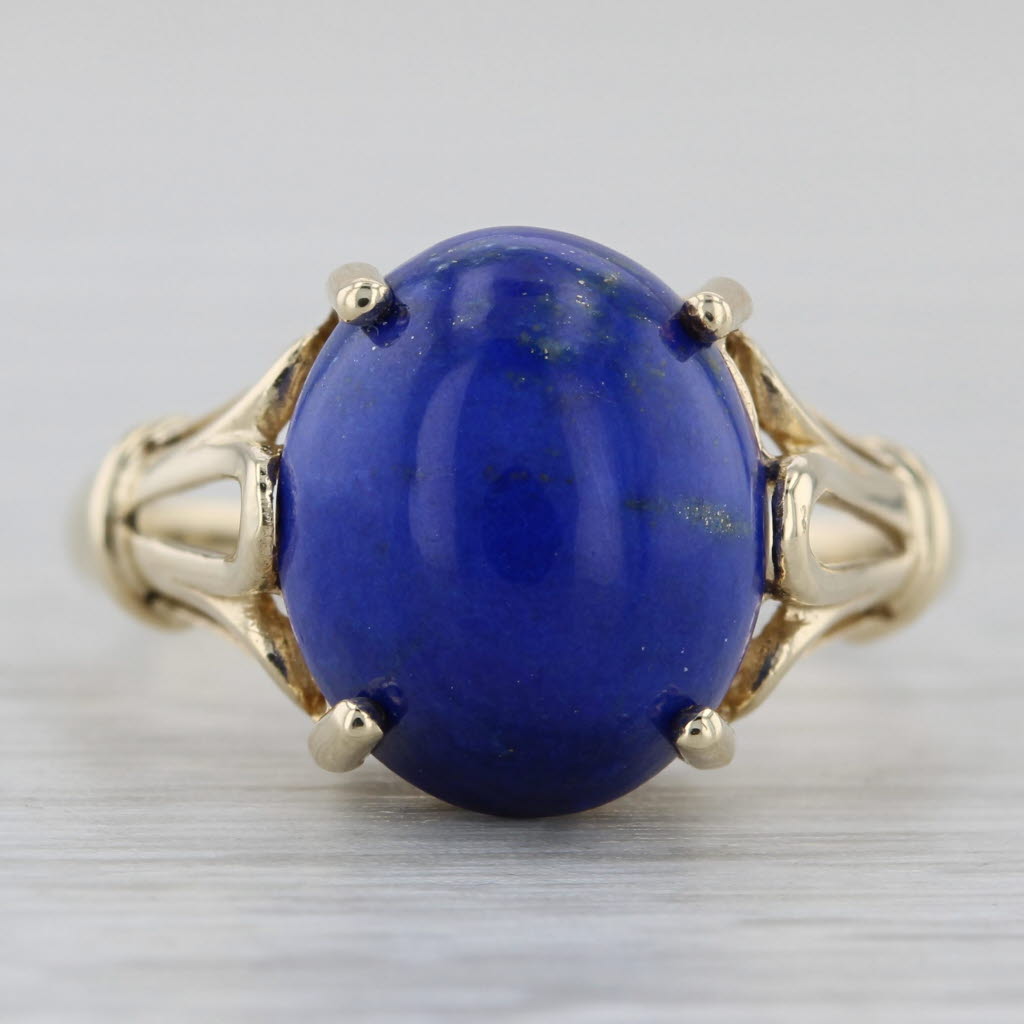 Gray Lapis Lazuli Blue Oval Cabochon Solitaire Ring 10k Yellow Gold Size 6