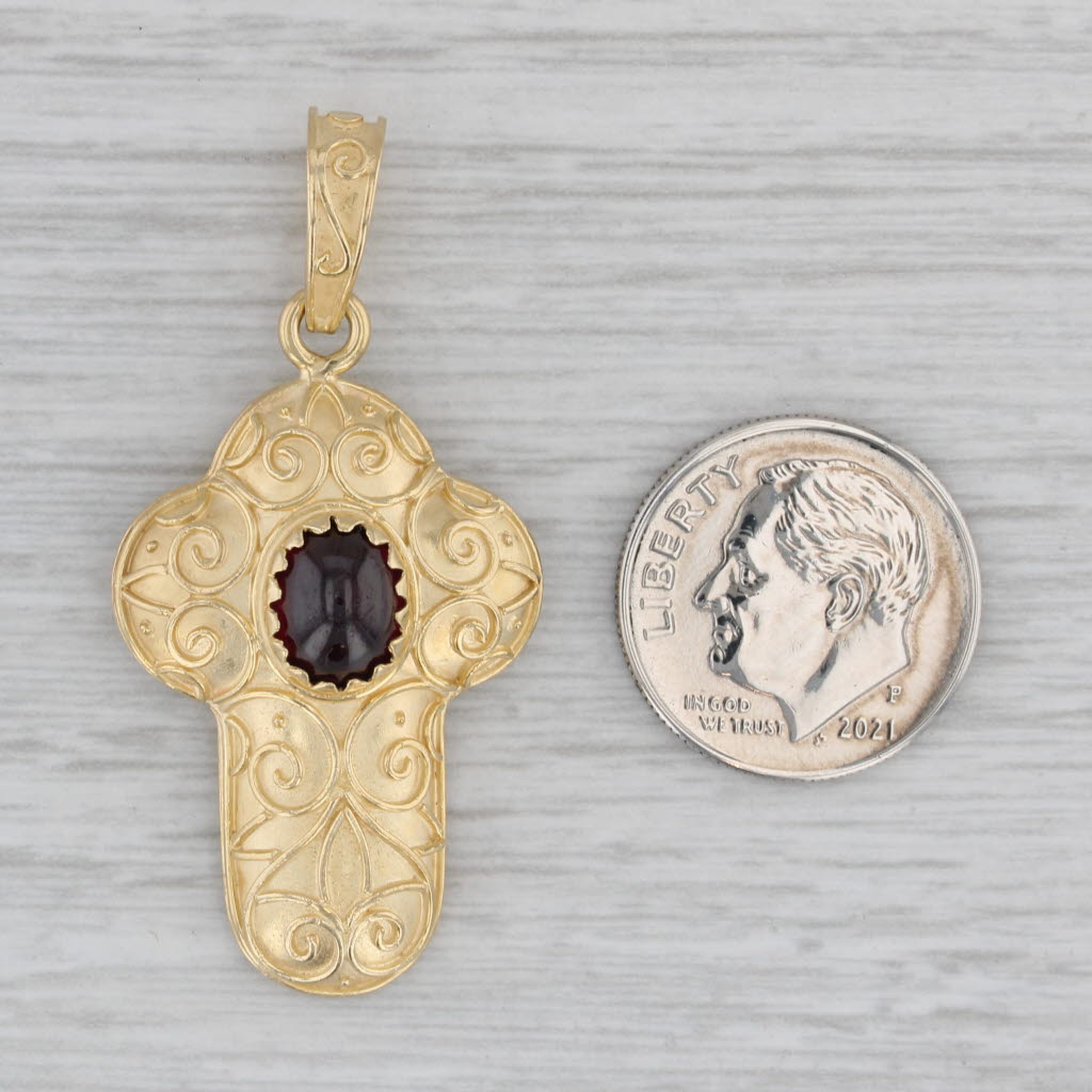 Gray Ornate Garnet Solitaire Cross Pendant 18k Yellow Gold Italian