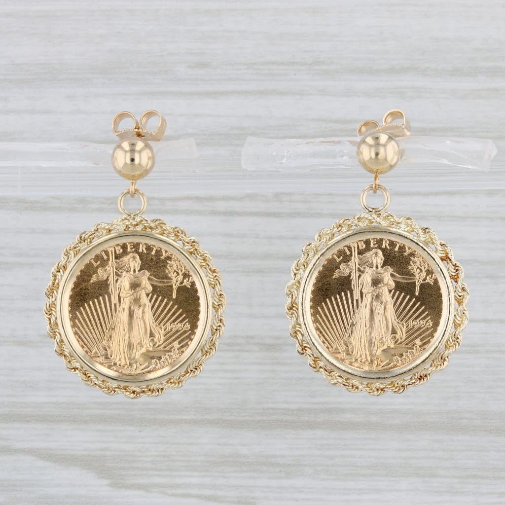 Light Gray 1994 Gold American Eagle Coin Earrings 14k 22k 1/10oz AGE Drops