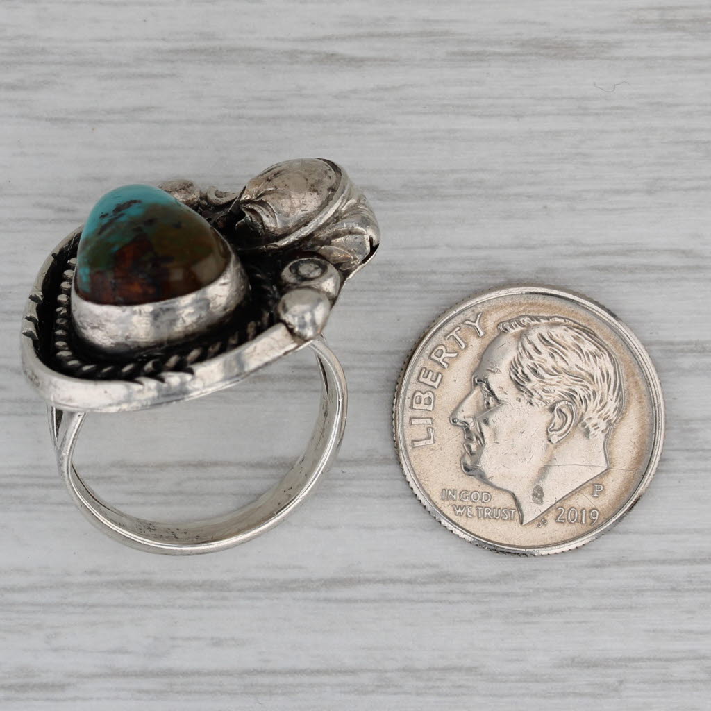 Dark Gray Large Native American Turquoise Feather Ring Sterling Silver Size 6 Statement