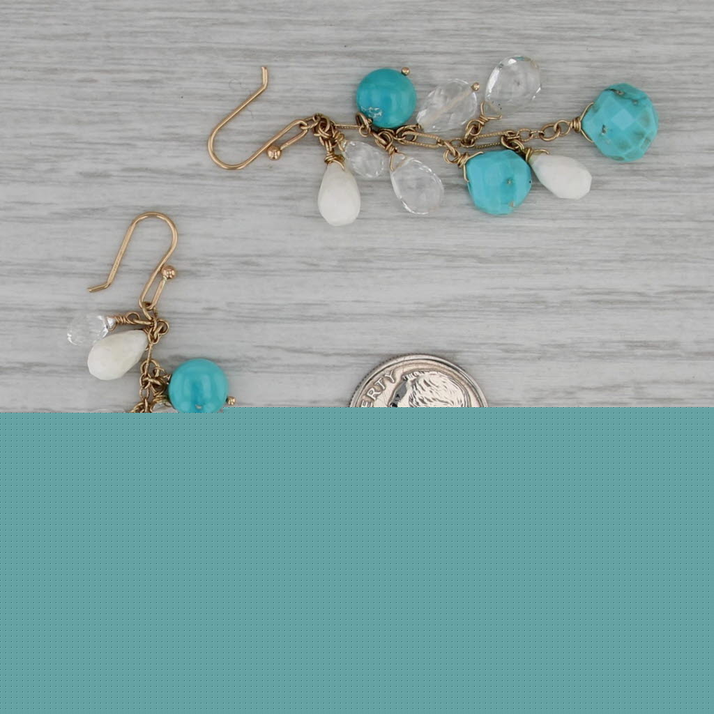 Turquoise Quartz Topaz Briolette Dangle Earrings 14k Yellow Gold Hook Post Drops