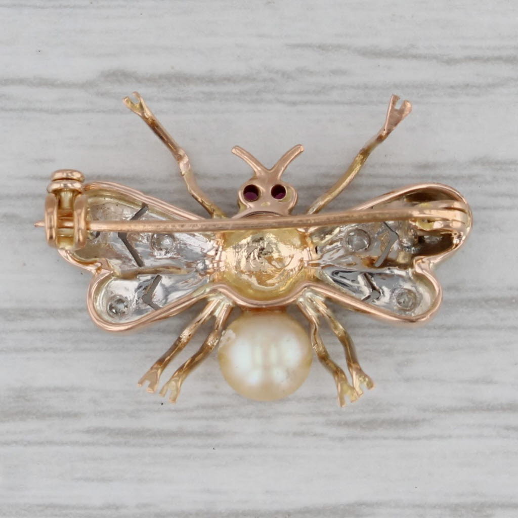 Gray Diamond Cultured Pearl Lab Created Ruby Winged Bug Pin 14k Gold Palladium Brooch