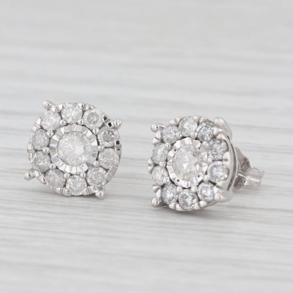 Light Gray 0.95ctw Diamond Halo Stud Earrings 10k White Gold