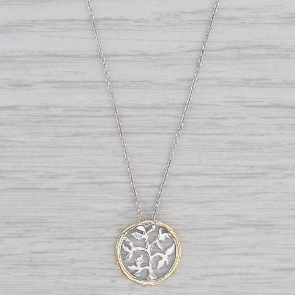 Gray Tree of Life Pendant Necklace 10k White Yellow Gold 16-18" Cable Chain