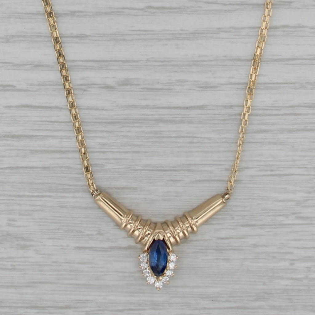 1.20ctw Blue Sapphire Halo V Necklace 14k Yellow Gold 18" Bismack Chain