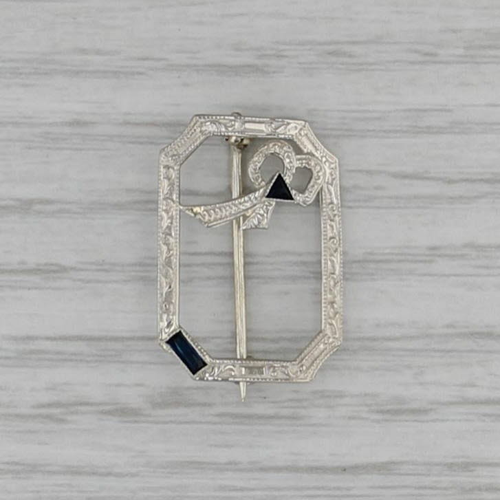 Vintage Lab Created Sapphire Pin 10k White Gold Brooch