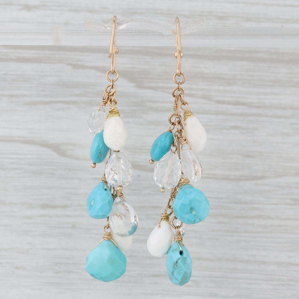 Turquoise Quartz Topaz Briolette Dangle Earrings 14k Yellow Gold Hook Post Drops
