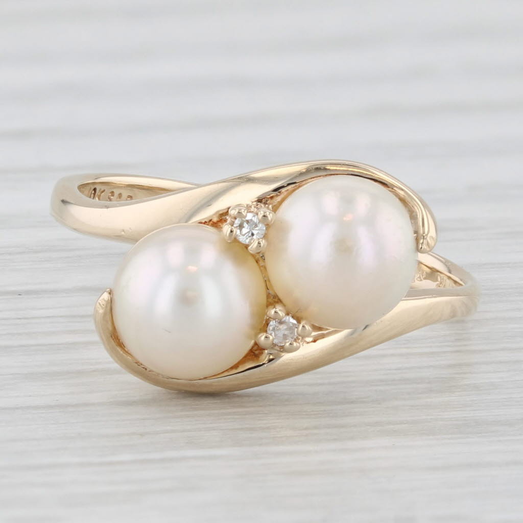 Light Gray 2 Stone Cultured Pearl Bypass Diamond Ring 10k Yellow Gold Size 6.25