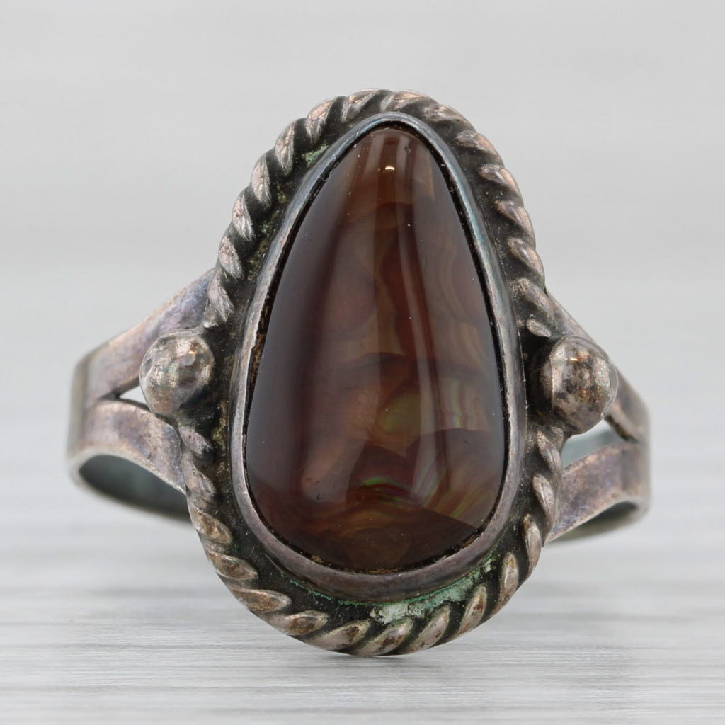 Light Gray Fire Agate Pear Cabochon Ring Sterling Silver Vintage Native American Size 8.5