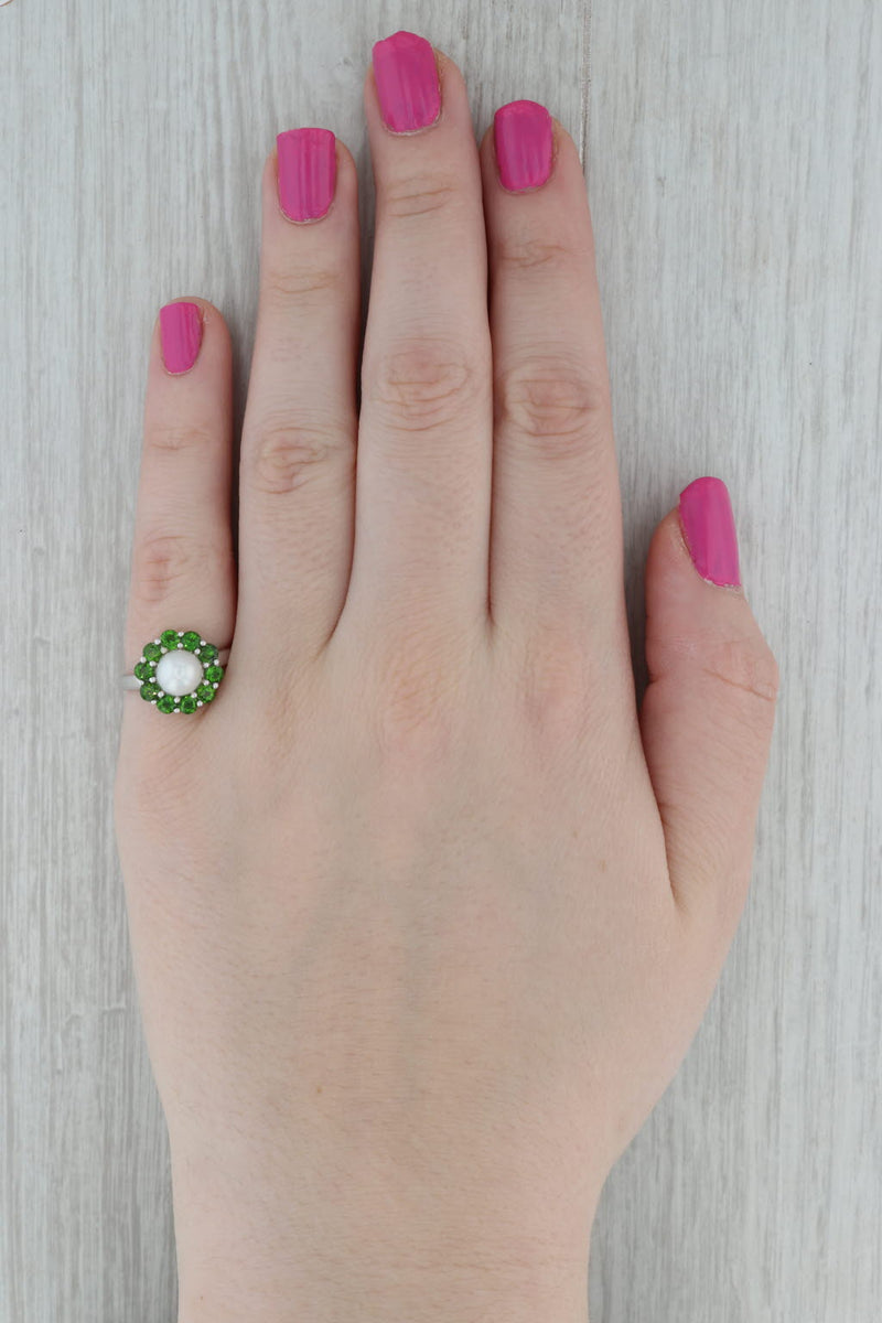 Cultured Pearl Green Chrome Diopside Halo Ring 10k White Gold Size 7