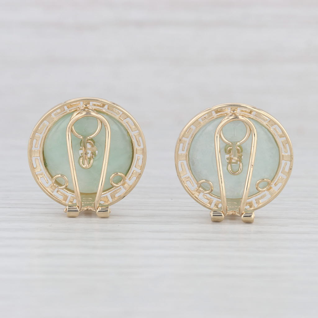 Light Gray Green Jadeite Jade Hololith Chinese Fu Good Luck Earrings 14k Yellow Gold