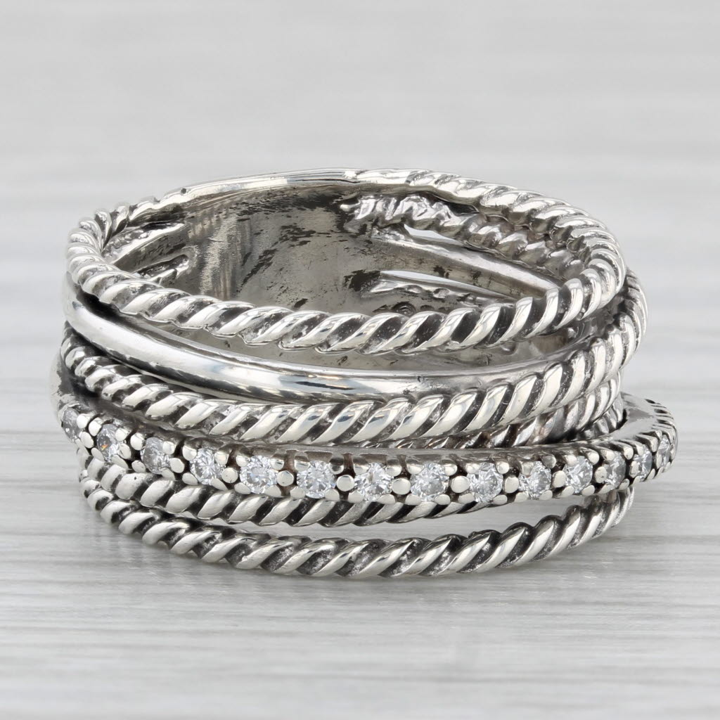 Light Gray David Yurman 0.18ctw Diamond Crossover Band Ring Sterling Silver Ring Size 6.5