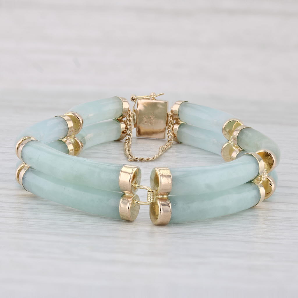 Light Gray Green Jadeite Jade Tube Link Bracelet 14k Gold Chinese Character Good Fortune