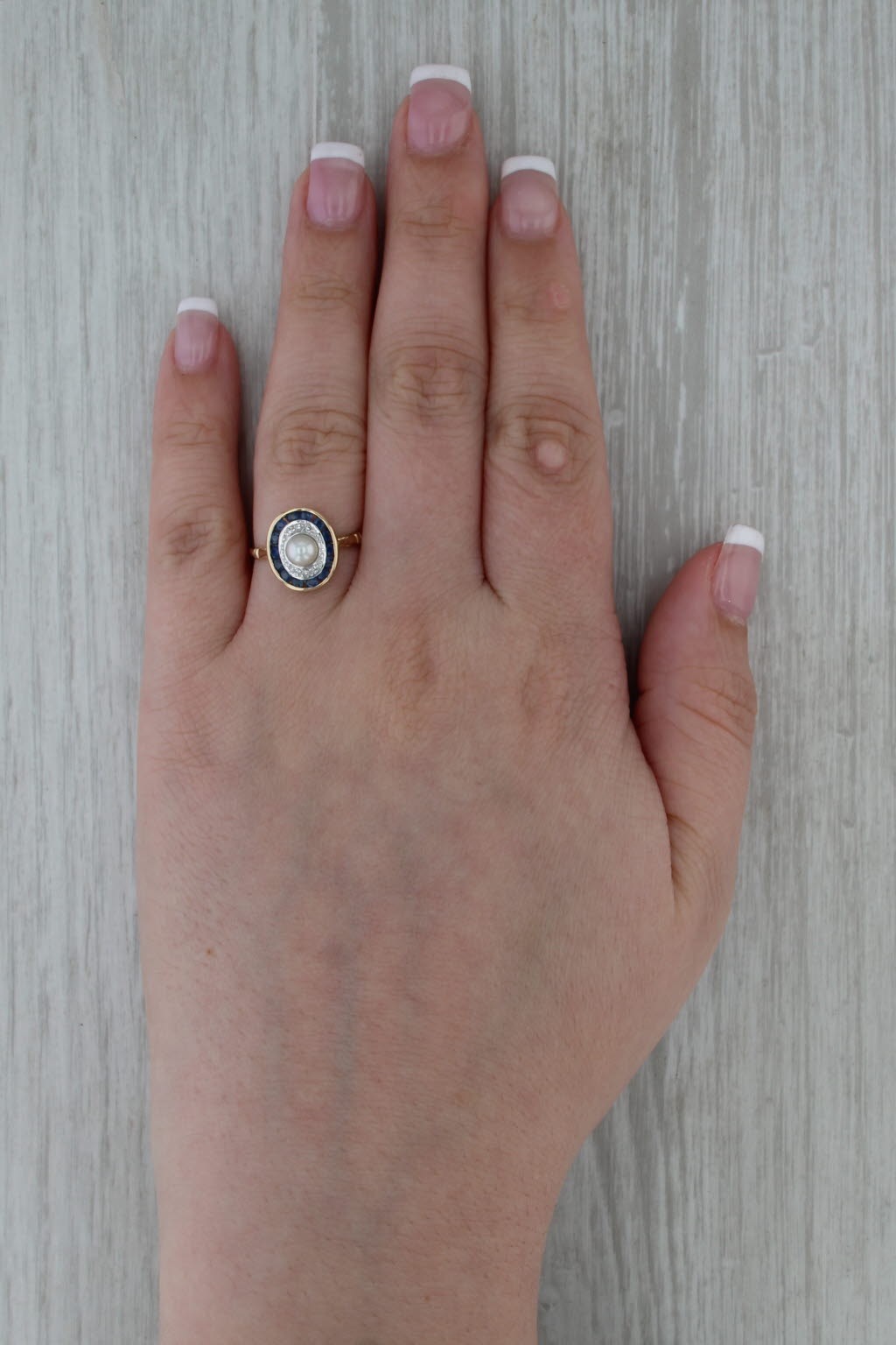 Vintage Cultured Pearl Sapphire Diamond Halo Ring 14k Yellow Gold Size 7.75