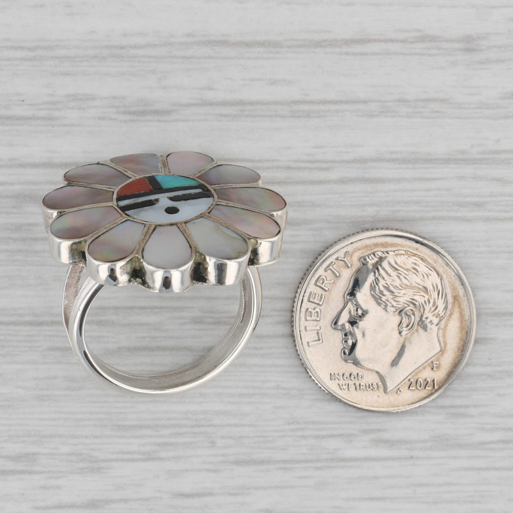 Gray Native American Mosaic Flower Ring Sterling Silver Zuni Laahte Turquoise Coral