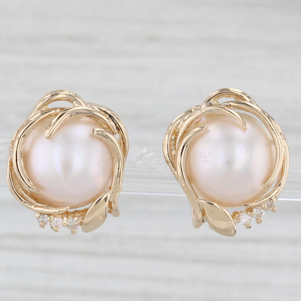 Light Gray Gold Framed Mabe Pearl Diamond Stud Earrings 14k Yellow Gold