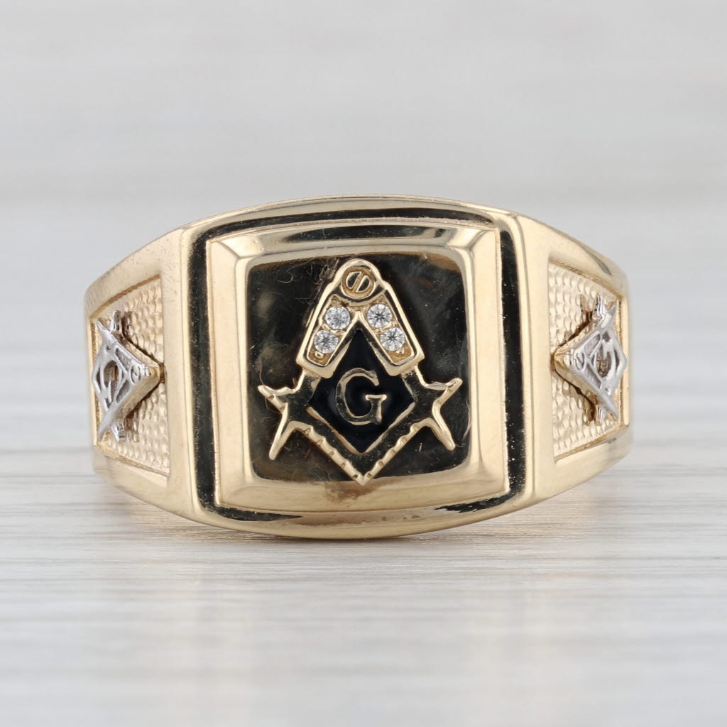 Masonic Ring 14k Yellow Gold Cubic Zirconia Blue Lodge Square Compass Size 11.25