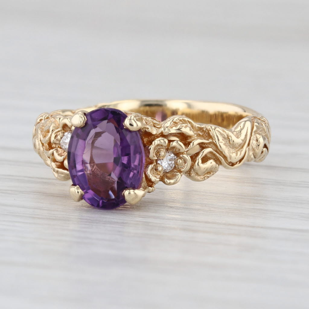 1.74ctw Oval Amethyst Diamond Ornate Ring 14k Yellow Gold Size 8.75-9 Floral