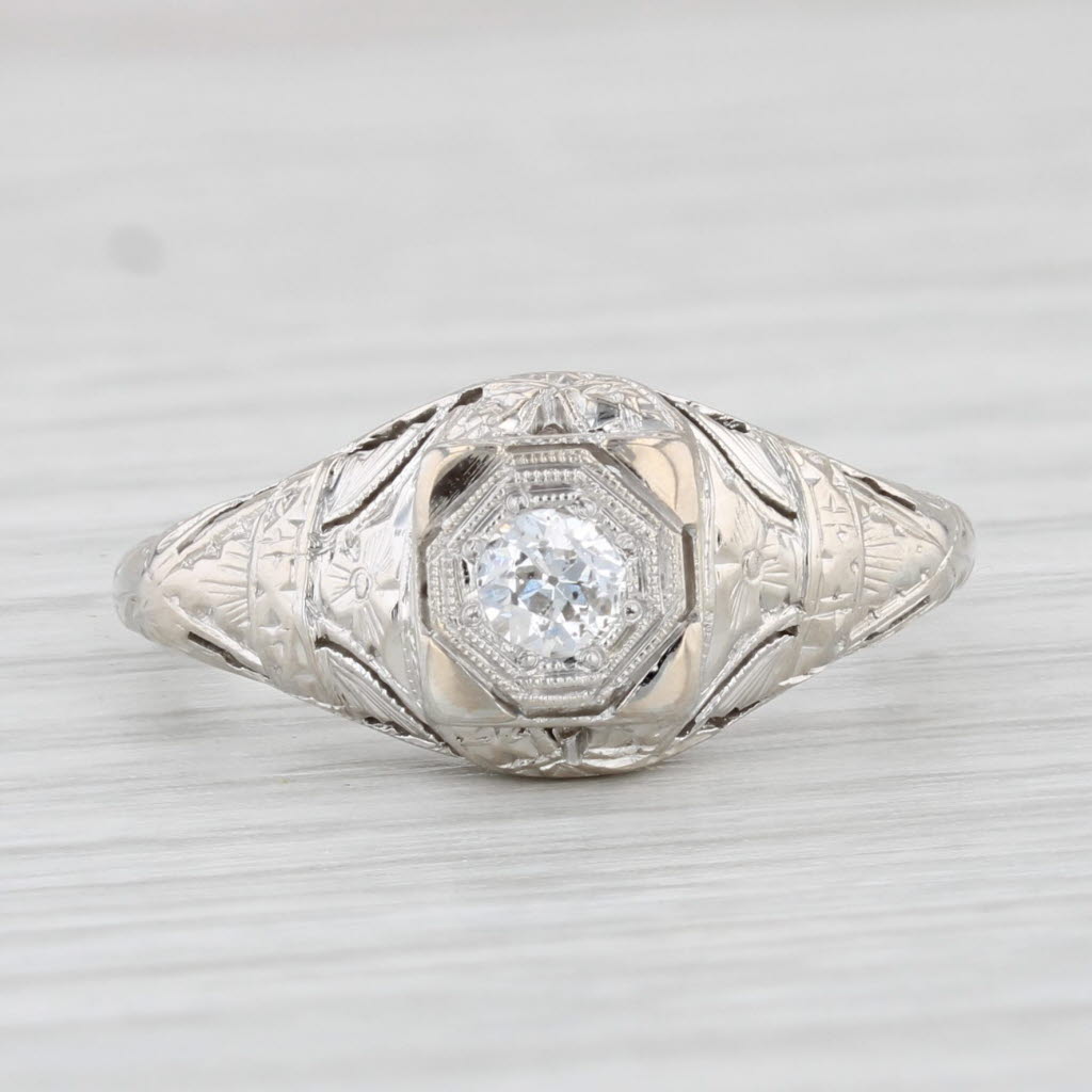 Light Gray Art Deco 0.15ct Diamond Solitaire Engagement Ring 18k White Gold Filigree Size 6