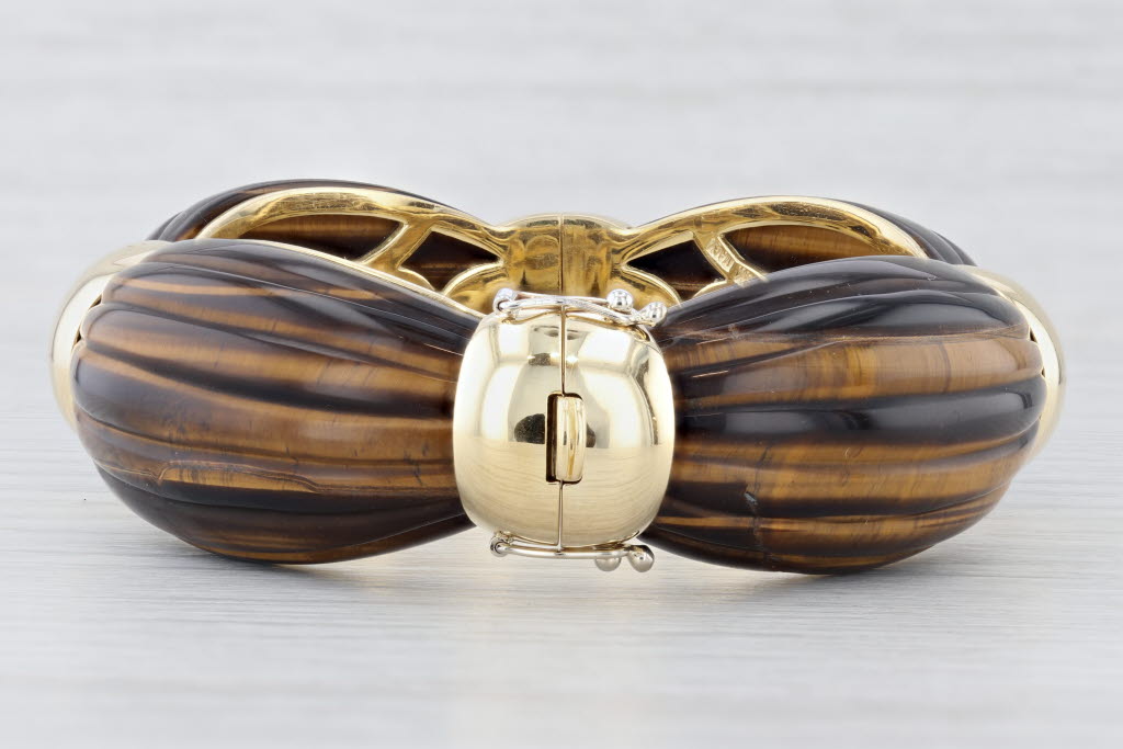 Vintage Tiger's Eye Bangle Bracelet 18k Yellow Gold 6.5" 21mm