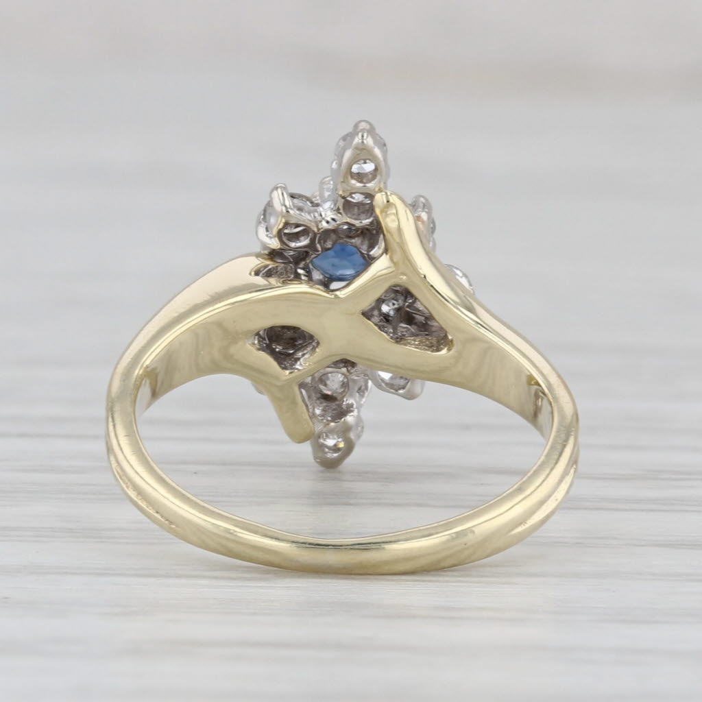Blue Sapphire Diamond Cluster Bypass Ring 14k Yellow Gold Size 4