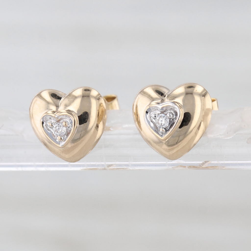 Diamond Heart Stud Earrings 14k Yellow Gold Pierced Open Heart Studs