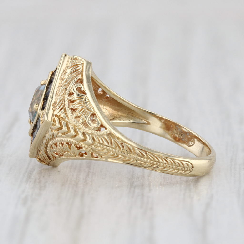 0.87ctw Aquamarine Sapphire Halo Ring 14k Yellow Gold Ornate Floral Band Size 6