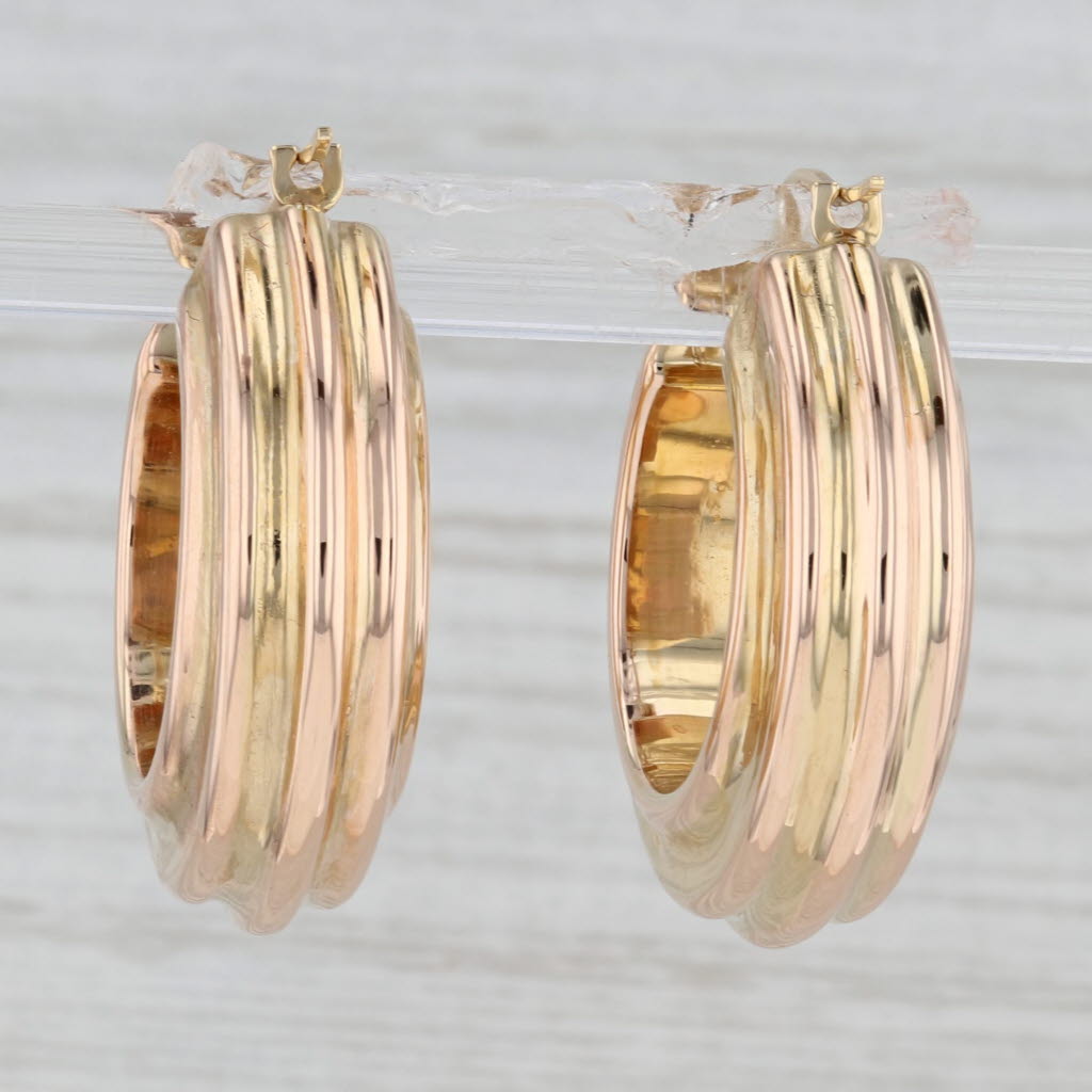 Gray Beveled Hoop Earrings 18k Yellow Gold Snap Top Round Hoops