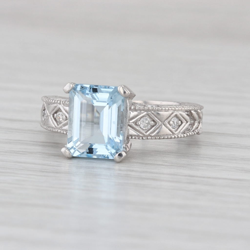 2.06ctw Emerald Cut Aquamarine Diamond Ring 14k White Gold Size 5.5