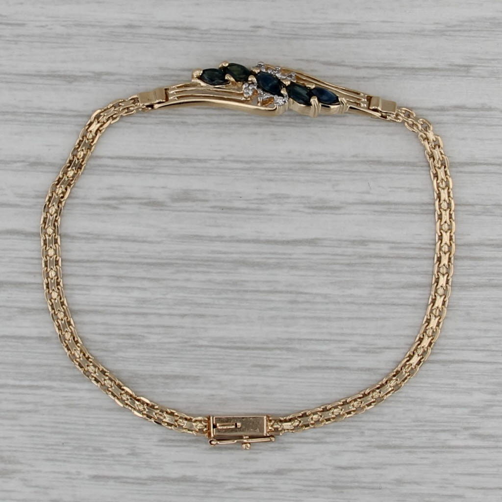 1.01ctw Blue Sapphire Diamond Bracelet 14k Yellow Gold Bismarck Chain 6.75"