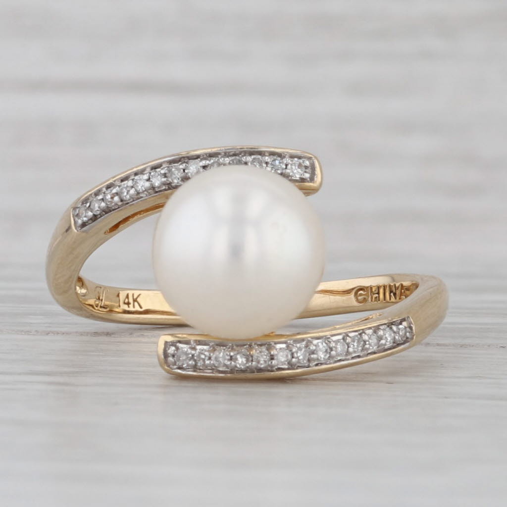 Cultured Pearl Diamond Bypass Ring 14k Yellow Gold Size 7