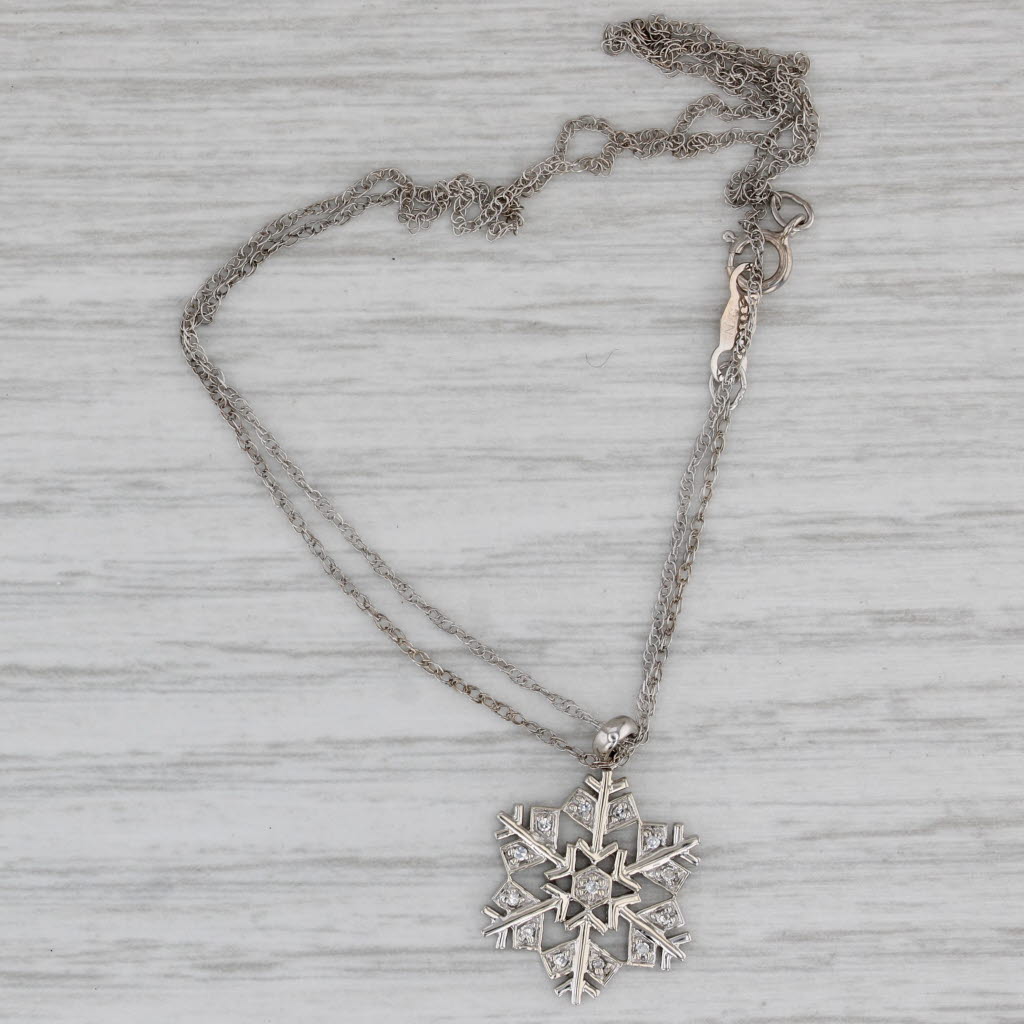 Gray Diamond Snowflake Pendant Necklace 14k White Gold 16" Rope Chain