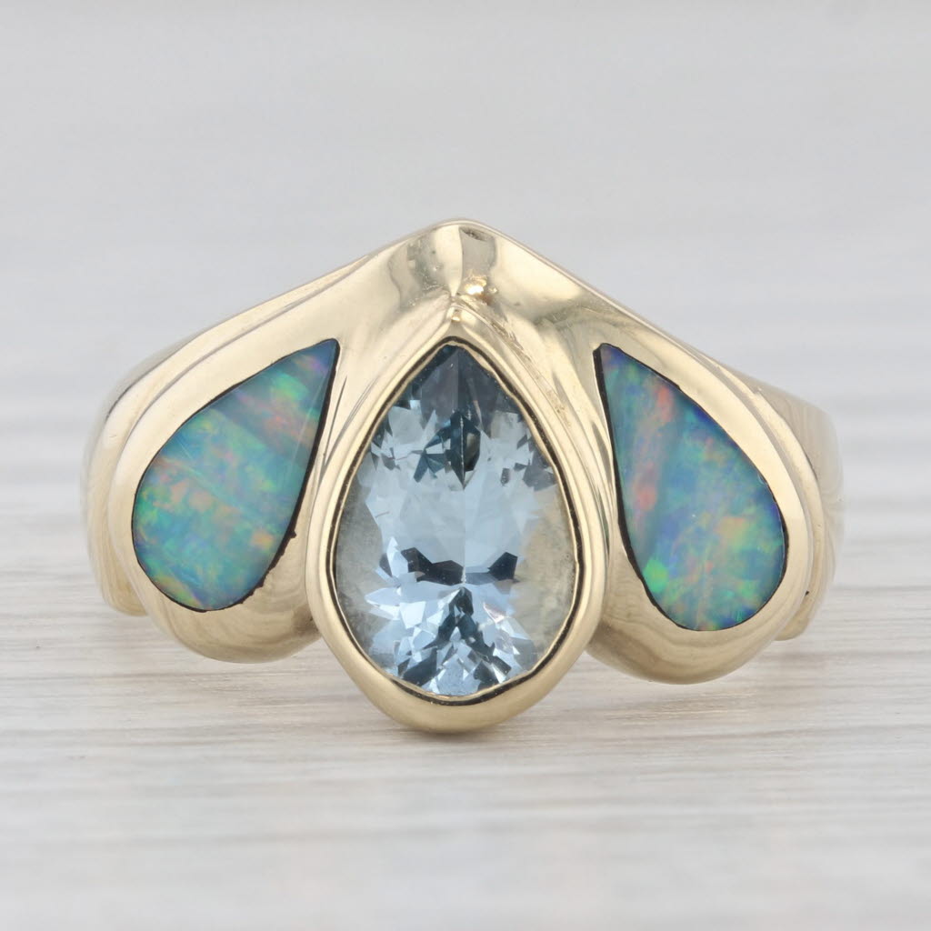 Light Gray Pear Aquamarine Opal Ring 14k Yellow Gold Size 6.75