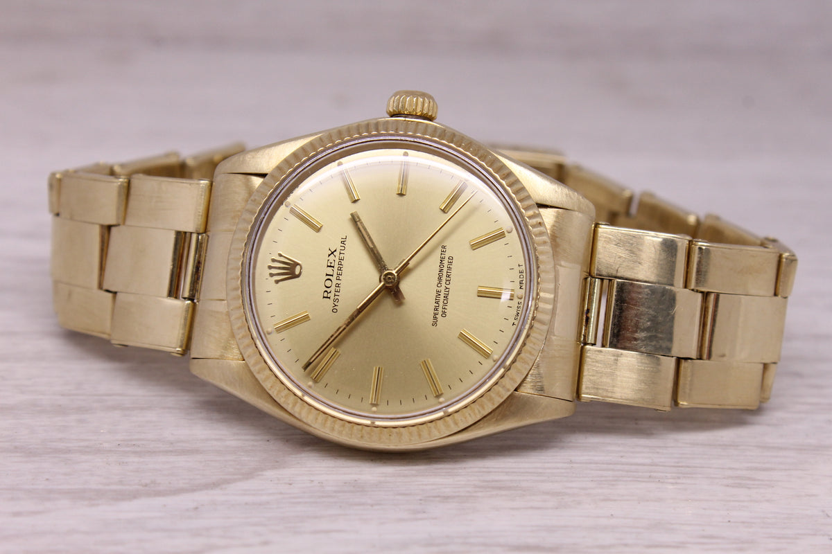 Vintage 1982 Rolex Oyster Perpetual 1005 34mm 14k Yellow Gold w Rivet Bracelet