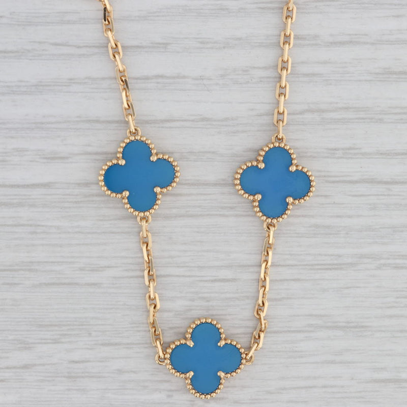 Van Cleef Arpels VCA Alhambra Blue Agate Clover Necklace 18k Gold 16.5" Box