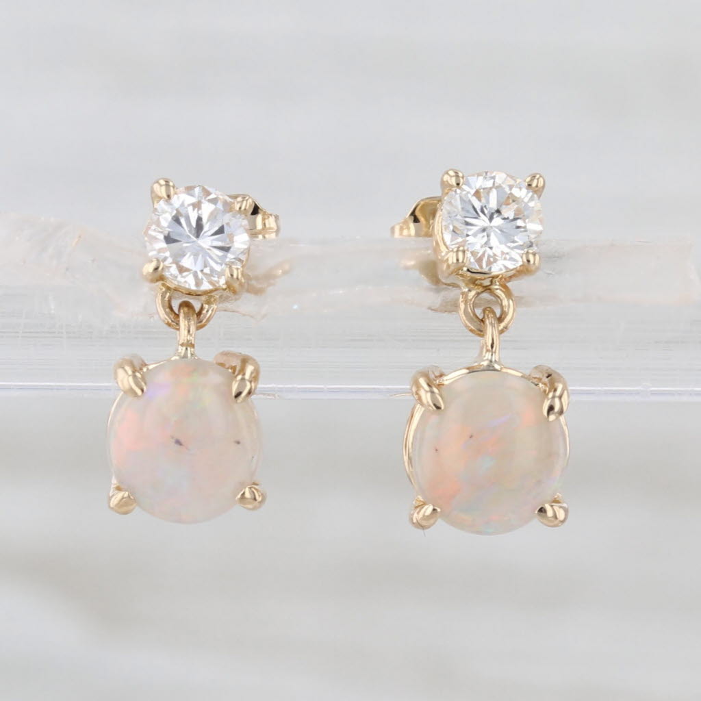 Opal Cabochon 0.30ctw Diamond Dangle Earrings 14k Yellow Gold Drops
