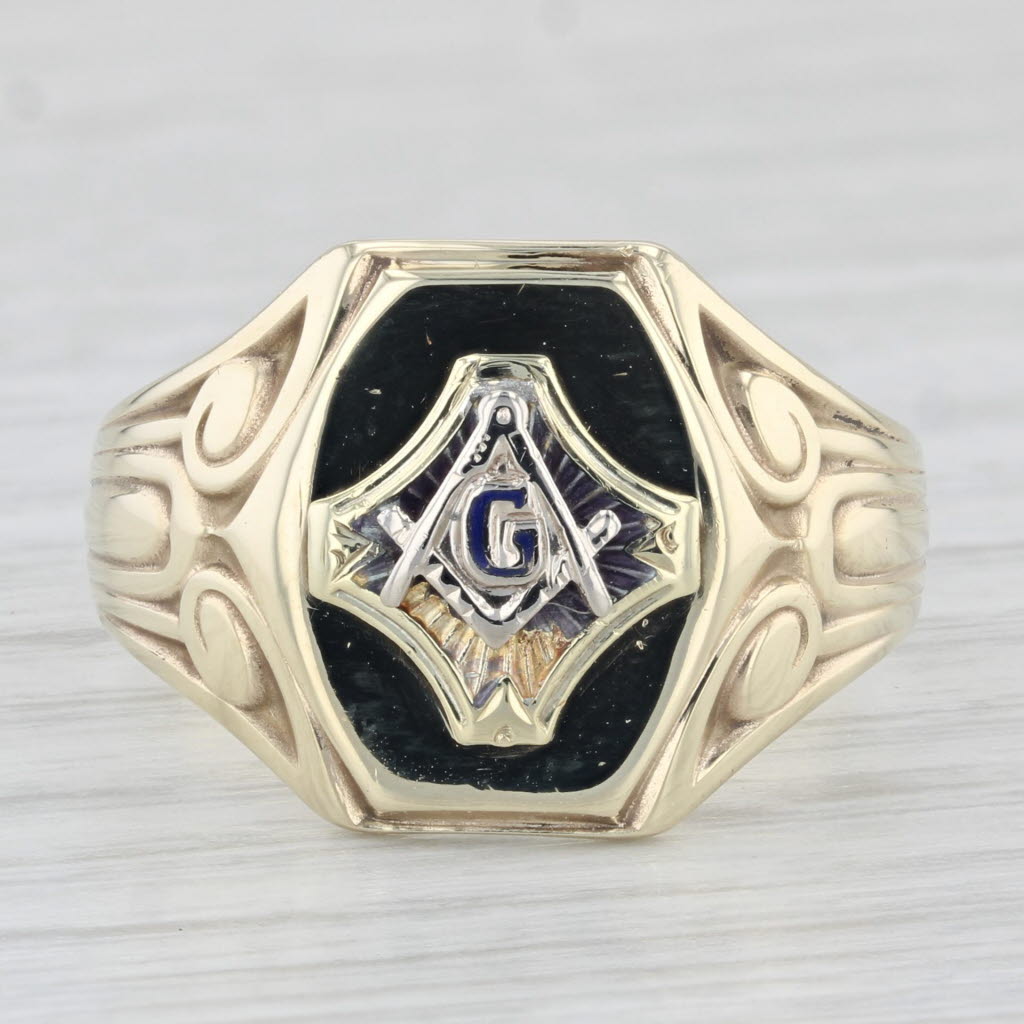 Light Gray Vintage Masonic Signet Ring 10k Yellow Gold Blue Lodge Square Compass Size 9.75