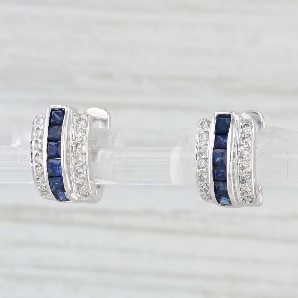 Light Gray 1.01ctw Blue Sapphire Diamond Huggie Hoop Earrings 18k Gold Hinged Snap Top