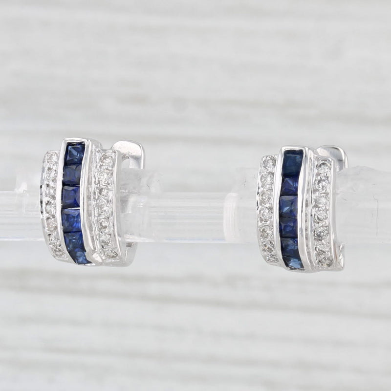 1.01ctw Blue Sapphire Diamond Huggie Hoop Earrings 18k Gold Hinged Snap Top