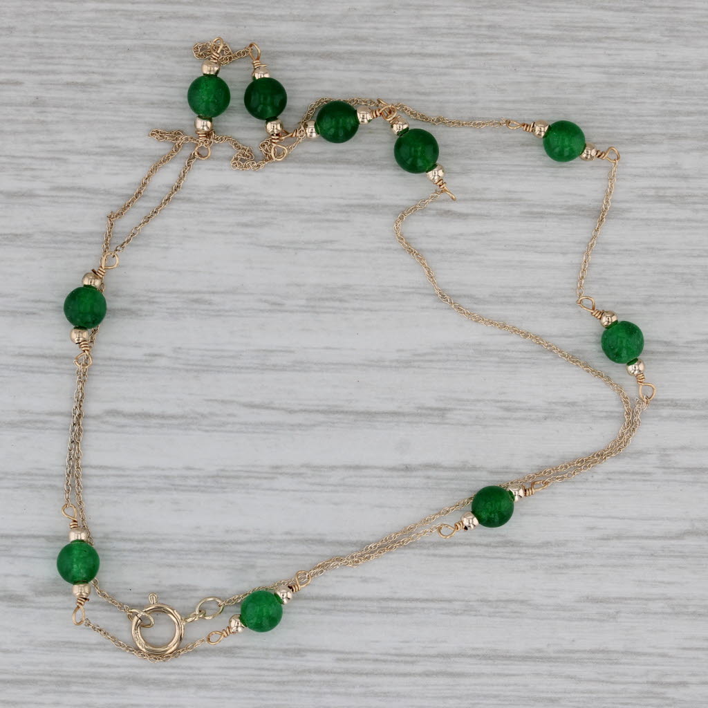 Gray 18.5" Green Quartz Bead Station Necklace 14k Yellow Gold Rope Chain