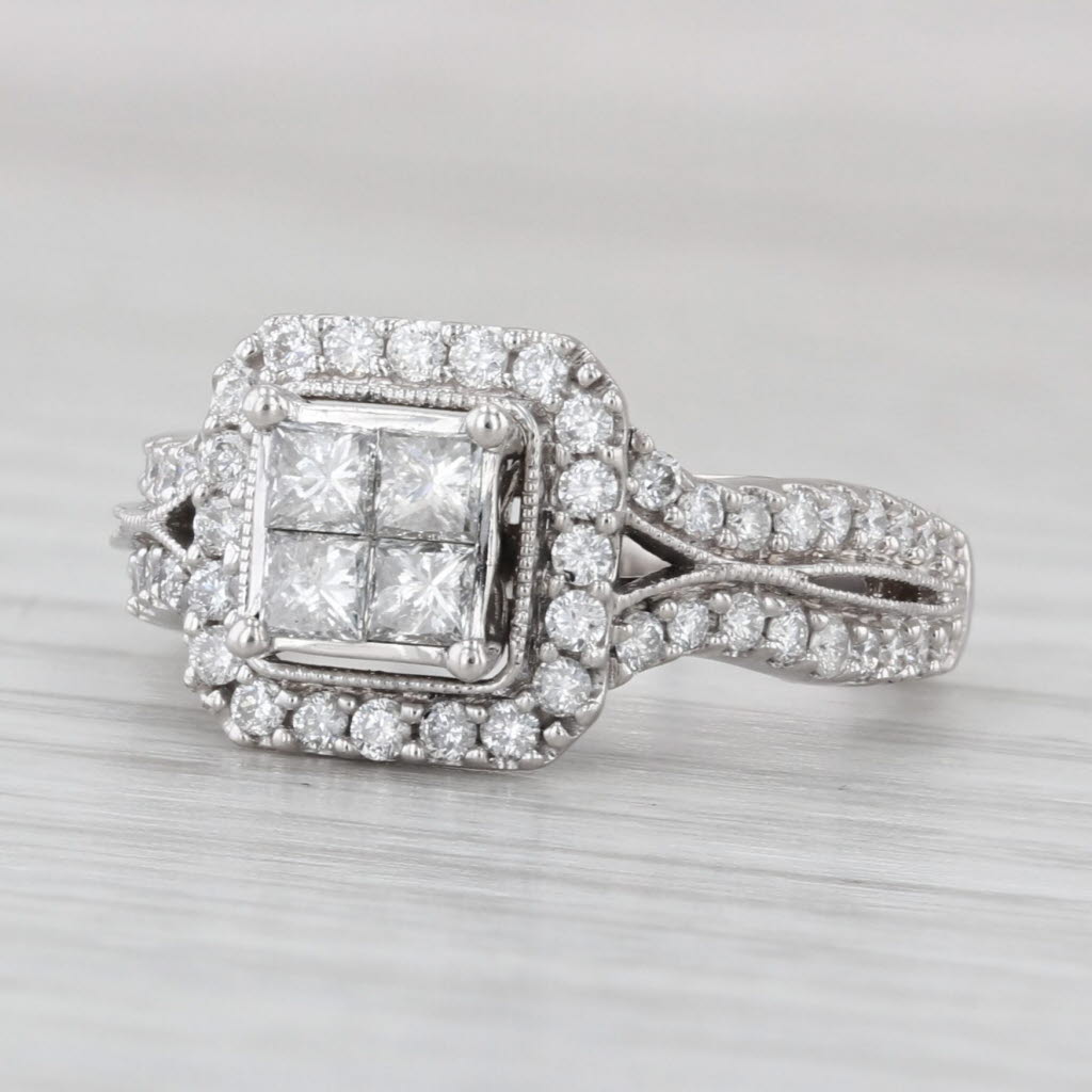 0.90ctw Princess Diamond Halo Engagement Ring 14k White Gold Size 5.25