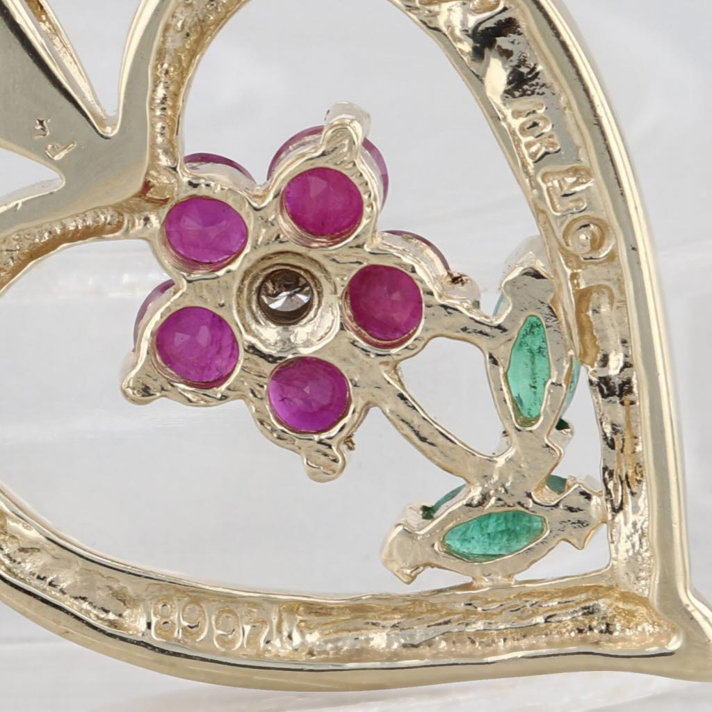 0.53ctw Ruby Emerald Flower Heart Pendant 10k Yellow Gold Diamond Accents