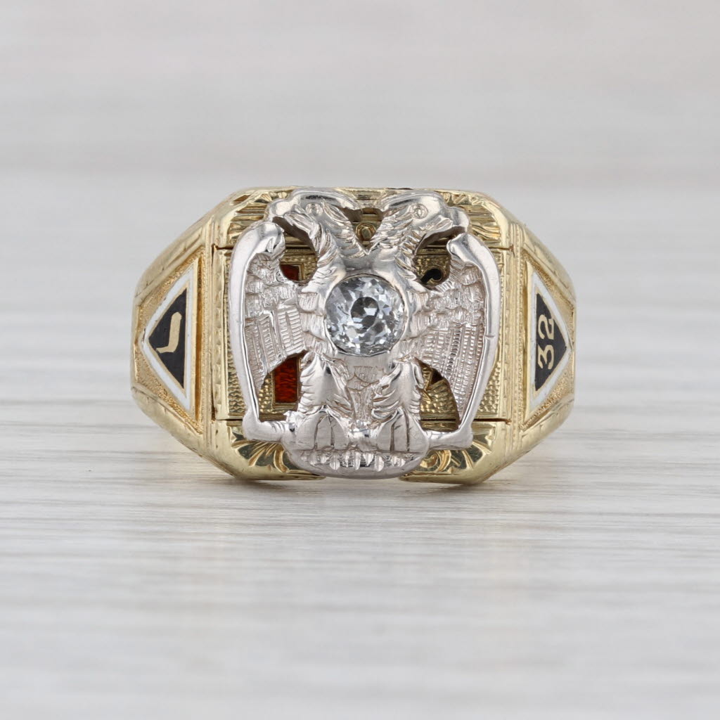 Vintage Diamond Masonic Scottish Rite Signet Ring 14k Gold Size 9.25-9.5