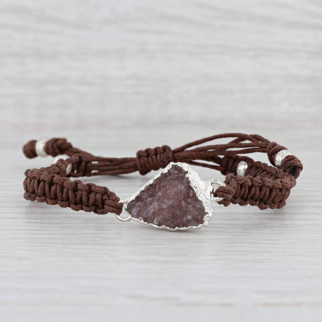 New Nina Wynn Brown Druzy Quartz Woven Cord Bracelet Adjustable 6-9"