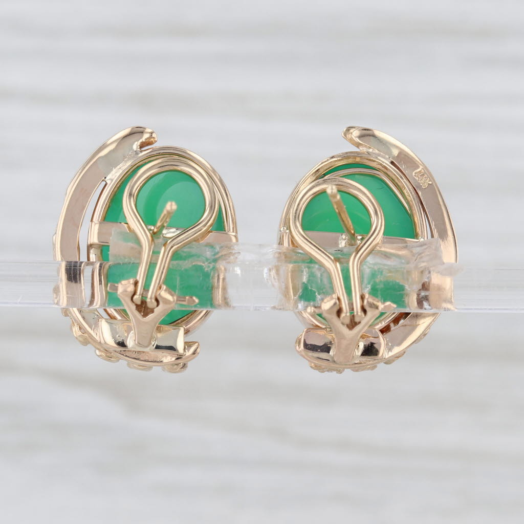 Diamond Green Chrysoprase Oval Cabohcon Earrings 14k Yellow Gold Omega Backs