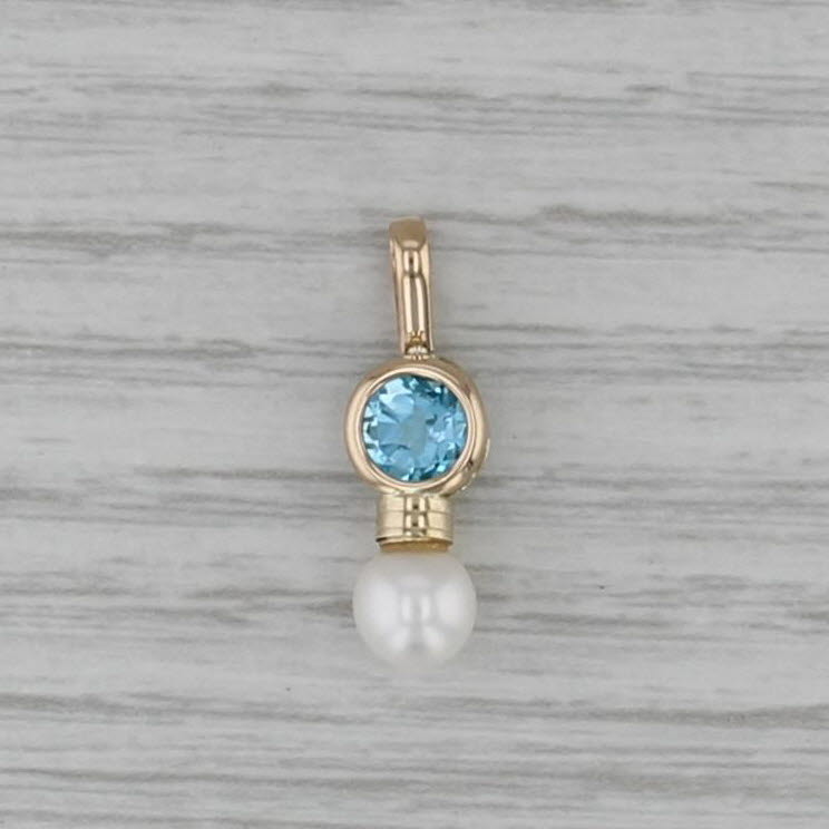 Cultured Pearl Blue Topaz Pendant 14k Yellow Gold Small Drop