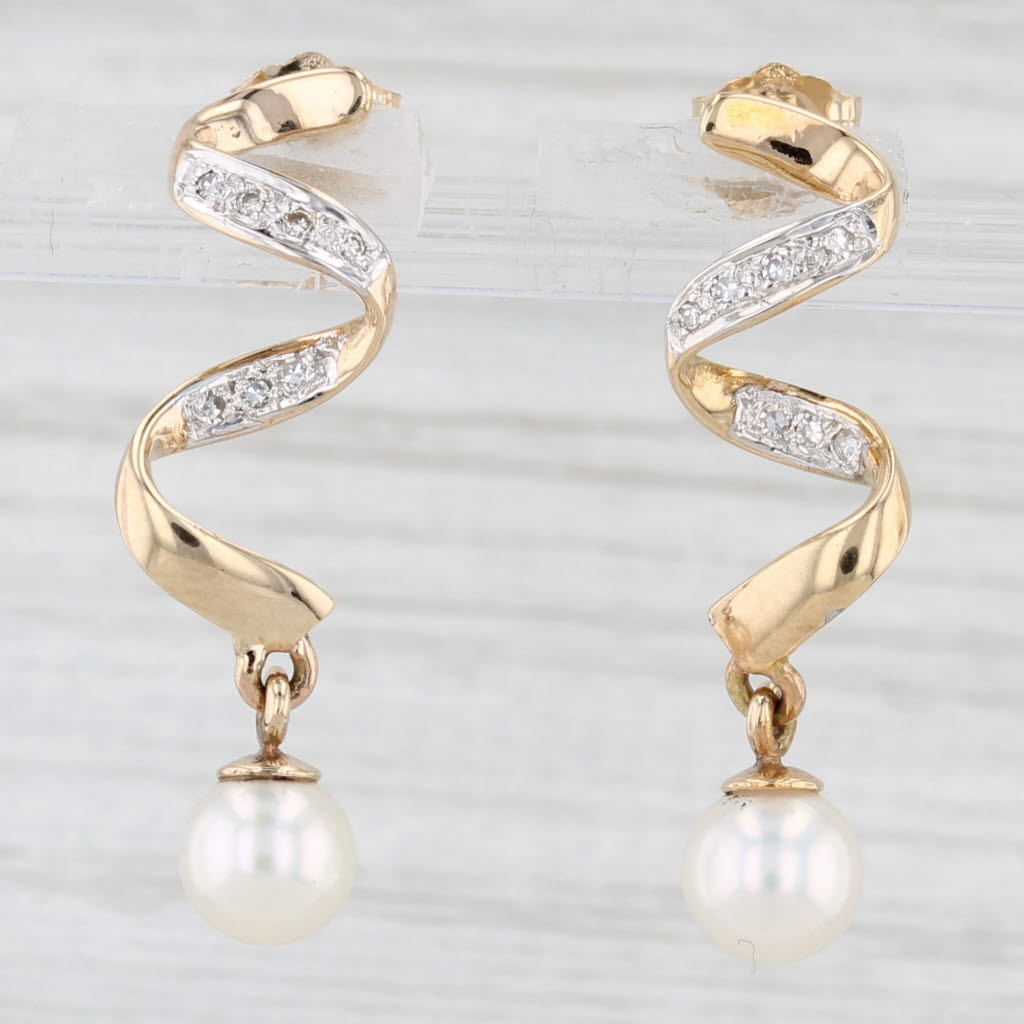 Light Gray Cultured Pearl Diamond Swirl Drop Earrings 14k Yellow Gold